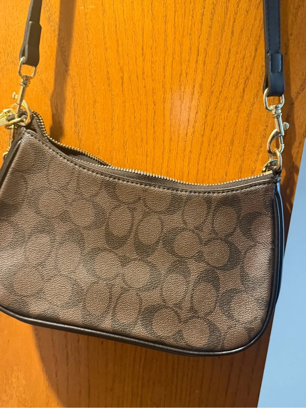 COACH Brown Signature Canvas Shoulder Bag with Gold Hardware